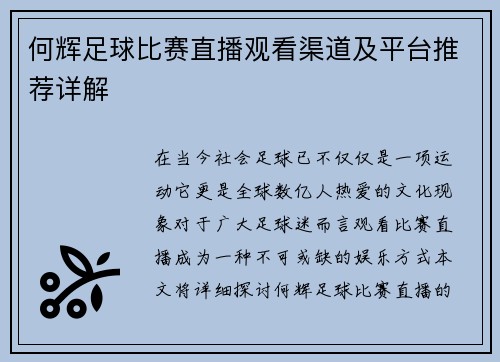 何辉足球比赛直播观看渠道及平台推荐详解