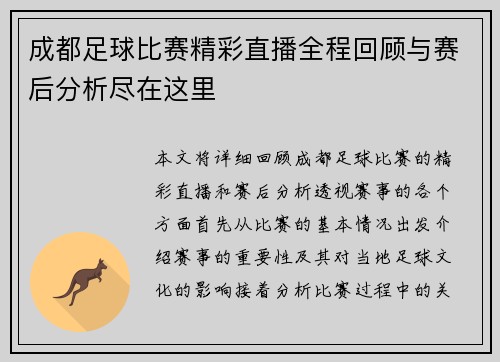 成都足球比赛精彩直播全程回顾与赛后分析尽在这里